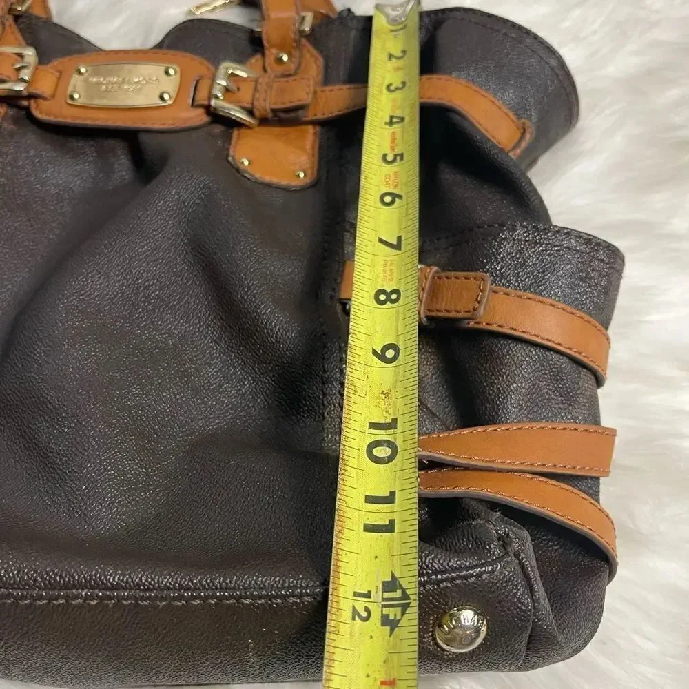 Michael Kors Brown coated canvas& tan leather straps &trims large shoulder bag.